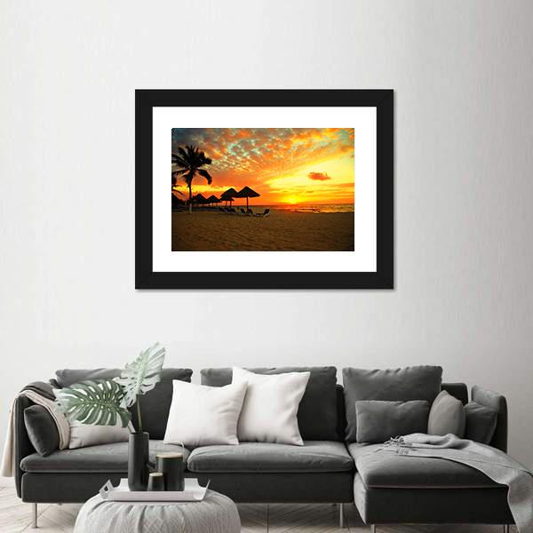 Sunset Scene At Tropical Beach Resort Silhouette Canvas Wall Art-3 Horizontal-Gallery Wrap-25" x 16"-Tiaracle