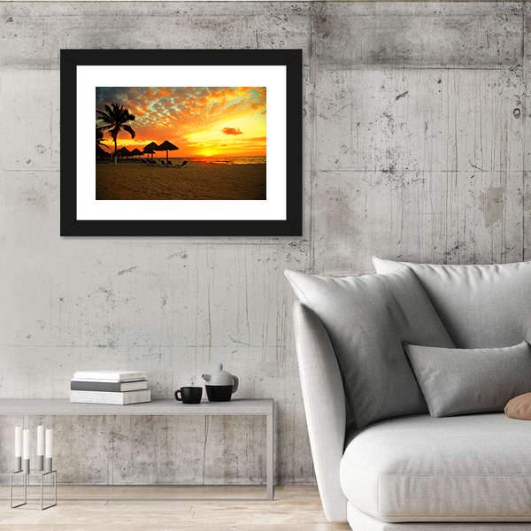 Sunset Scene At Tropical Beach Resort Silhouette Canvas Wall Art-3 Horizontal-Gallery Wrap-25" x 16"-Tiaracle