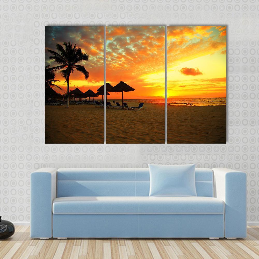 Sunset Scene At Tropical Beach Resort Silhouette Canvas Wall Art-3 Horizontal-Gallery Wrap-37" x 24"-Tiaracle