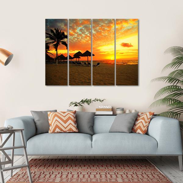 Sunset Scene At Tropical Beach Resort Silhouette Canvas Wall Art-4 Horizontal-Gallery Wrap-34" x 24"-Tiaracle