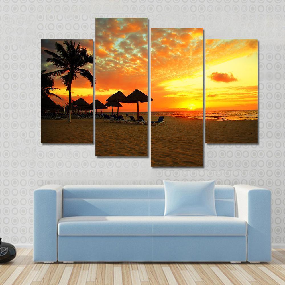 Sunset Scene At Tropical Beach Resort Silhouette Canvas Wall Art-4 Pop-Gallery Wrap-50&quot; x 32&quot;-Tiaracle