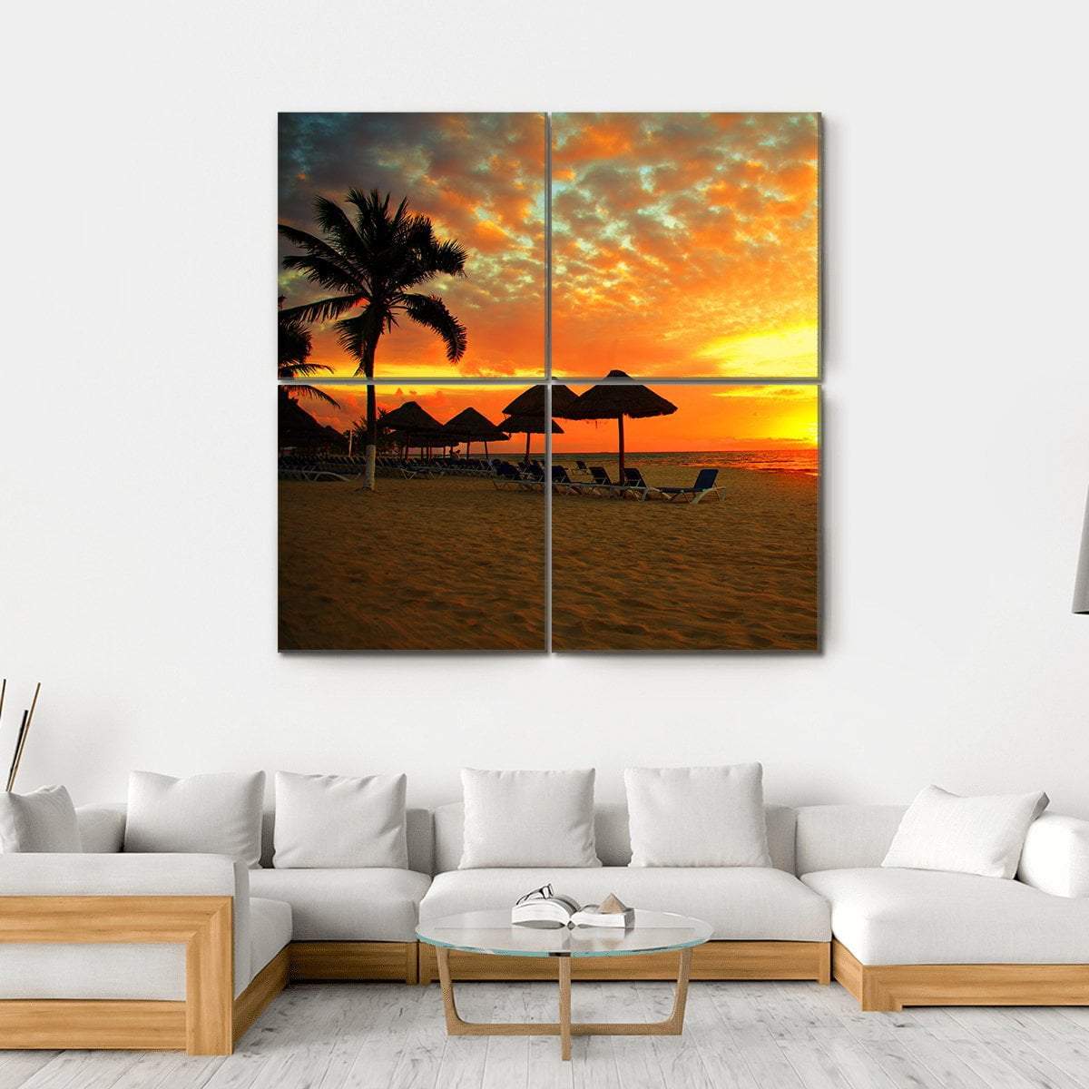 Sunset Scene At Tropical Beach Resort Silhouette Canvas Wall Art-4 Square-Gallery Wrap-17" x 17"-Tiaracle