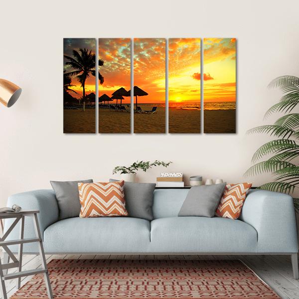Sunset Scene At Tropical Beach Resort Silhouette Canvas Wall Art-5 Horizontal-Gallery Wrap-22" x 12"-Tiaracle