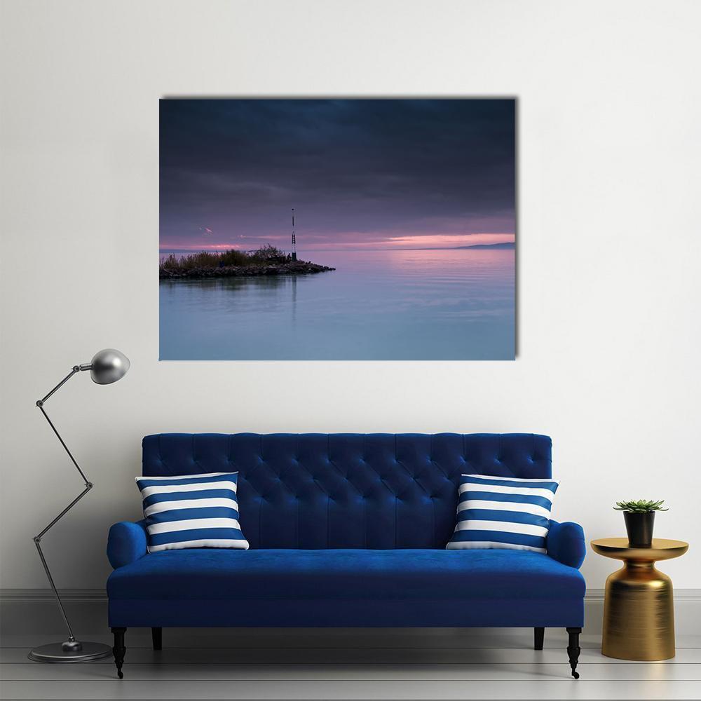 Sunset Over Lake Balaton with Island Tower Canvas Wall Art in blue, purple and pink, single panel hung on a wall