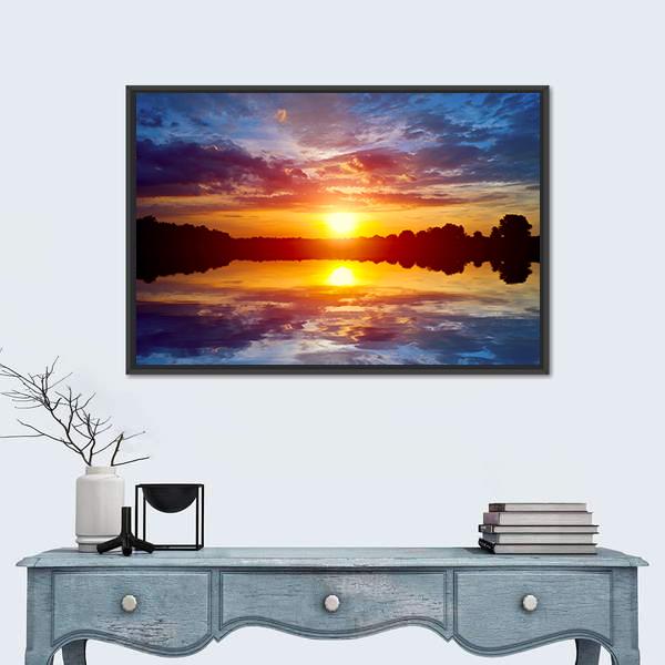 Sunset Scene On Lake Canvas Wall Art-1 Piece-Floating Frame-24" x 16"-Tiaracle