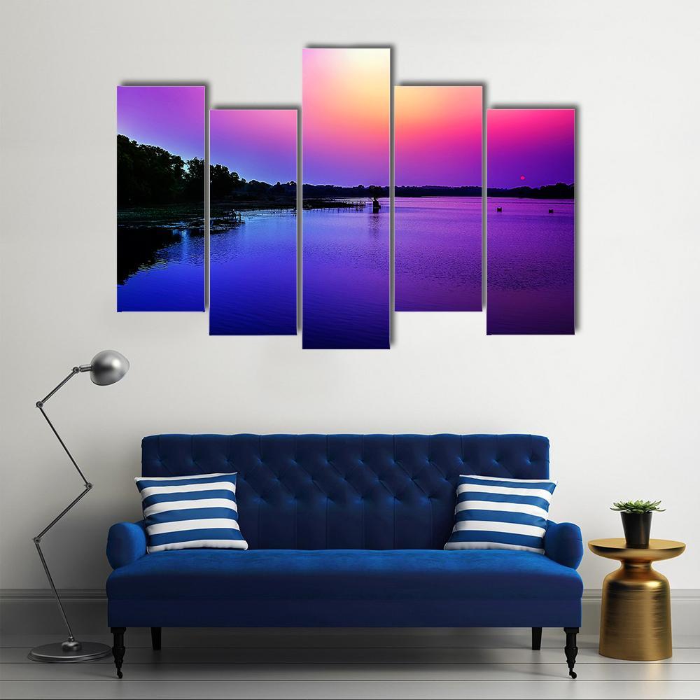 Sunset Sky In The Bank Of River Canvas Wall Art-5 Pop-Gallery Wrap-47" x 32"-Tiaracle