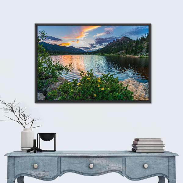 Sunset Sky Over Lily Lake Canvas Wall Art-1 Piece-Floating Frame-24" x 16"-Tiaracle