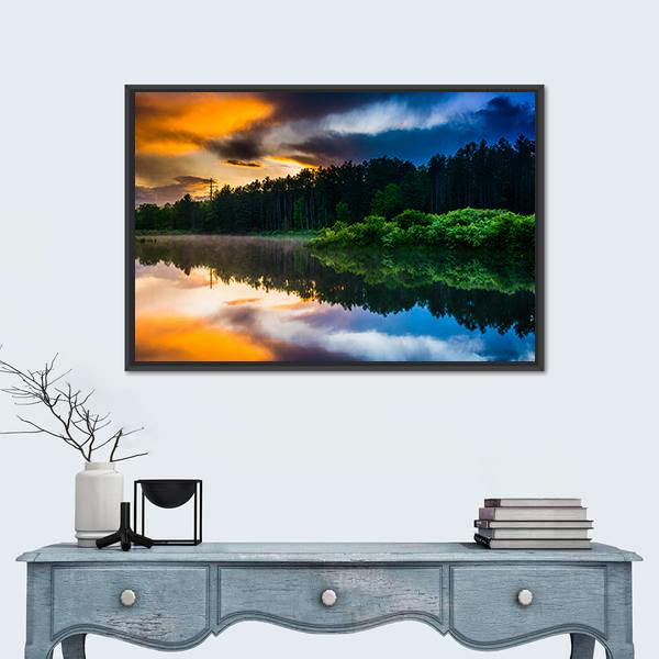 Sunset Sky Reflecting In A Pond Canvas Wall Art-1 Piece-Floating Frame-24" x 16"-Tiaracle