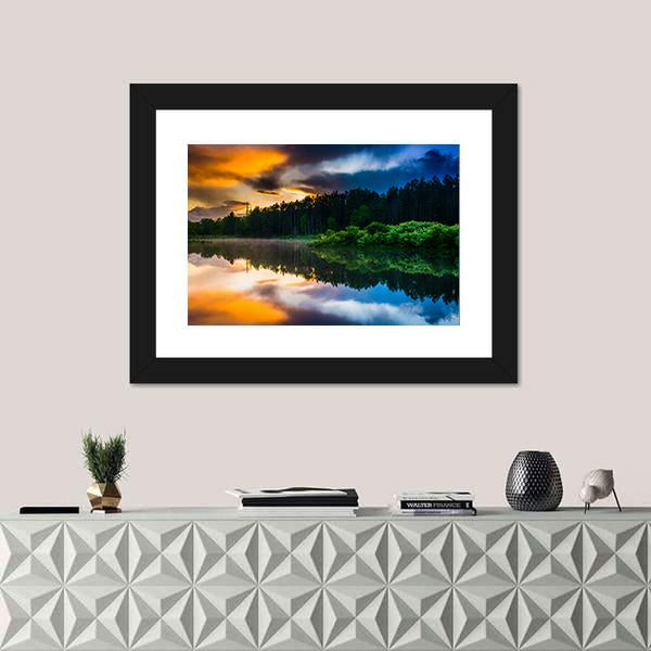 Sunset Sky Reflecting In A Pond Canvas Wall Art-1 Piece-Framed Print-20" x 16"-Tiaracle