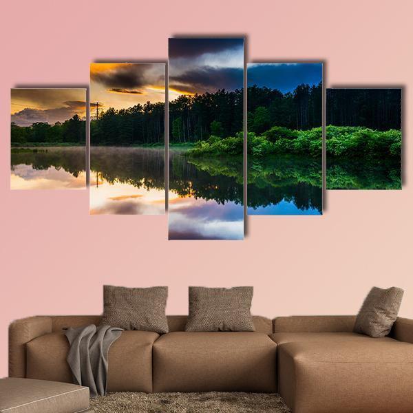 Sunset Sky Reflecting In A Pond Canvas Wall Art-5 Star-Gallery Wrap-62" x 32"-Tiaracle
