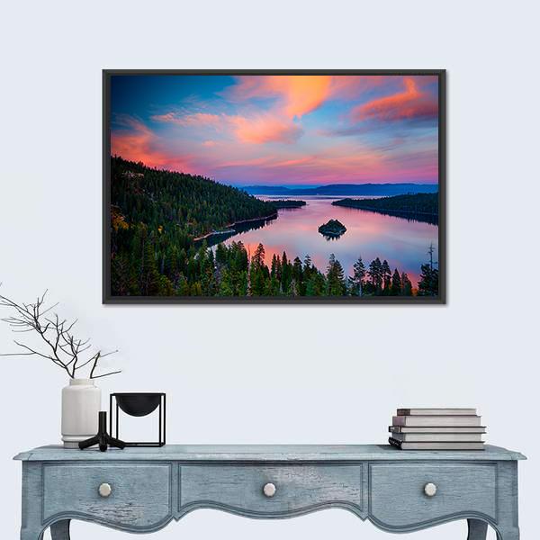 Sunset View Of A Lake Tahoe Canvas Wall Art-1 Piece-Floating Frame-36" x 24"-Tiaracle