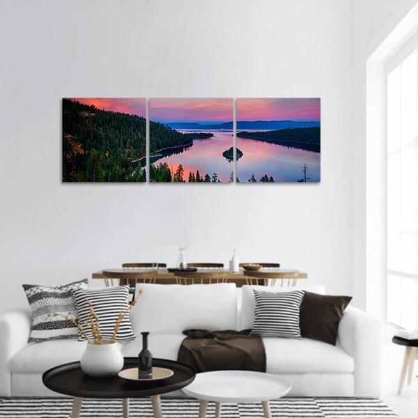 Sunset Over Lake Tahoe Panoramic Canvas Wall Art in orange, blue and pink, hung on a wall