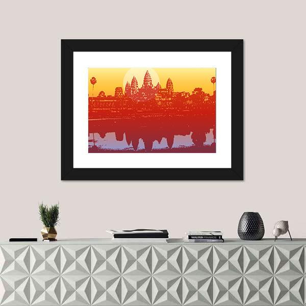 Sunset View Of Angkor Wat Temple Canvas Wall Art-1 Piece-Framed Print-20" x 16"-Tiaracle