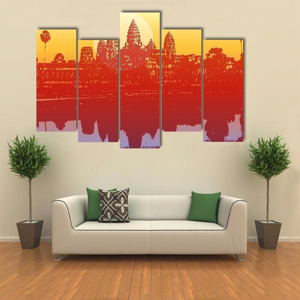 Sunset View Of Angkor Wat Temple Canvas Wall Art-5 Pop-Gallery Wrap-47" x 32"-Tiaracle