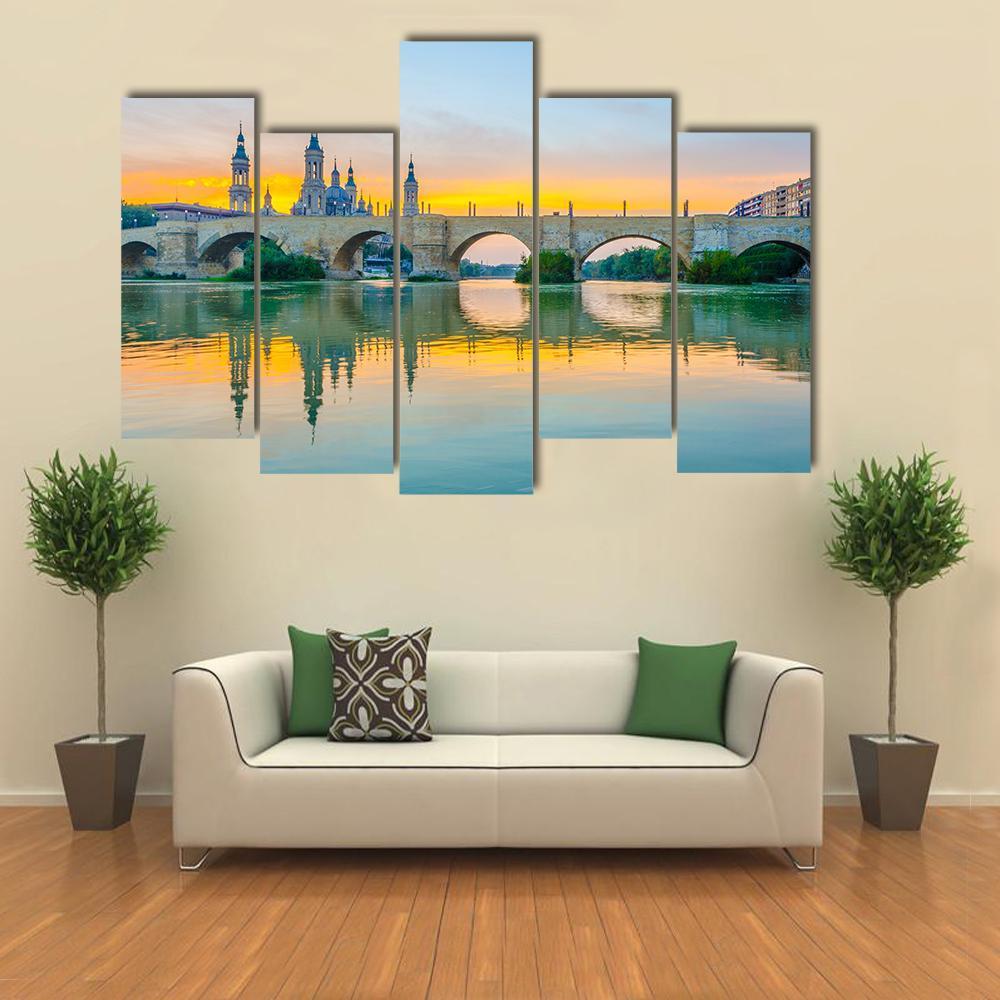 Sunset View Of Basilica De Nuestra Senora De Pilar Canvas Wall Art-5 Pop-Gallery Wrap-47" x 32"-Tiaracle