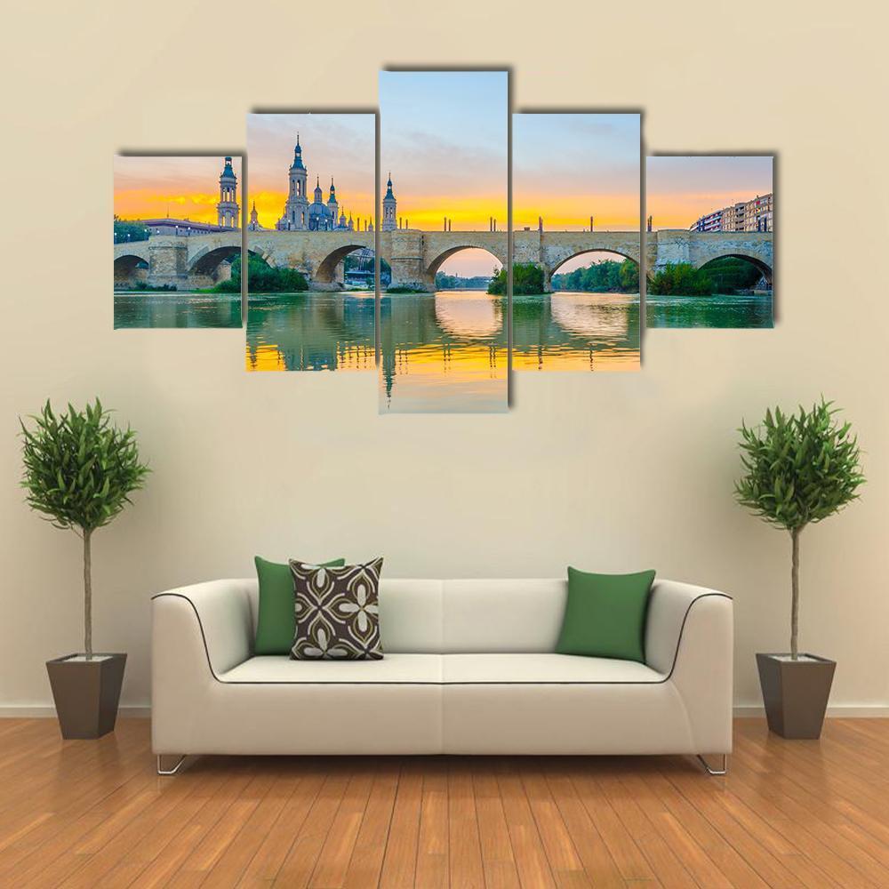 Sunset View Of Basilica De Nuestra Senora De Pilar Canvas Wall Art-5 Star-Gallery Wrap-62" x 32"-Tiaracle
