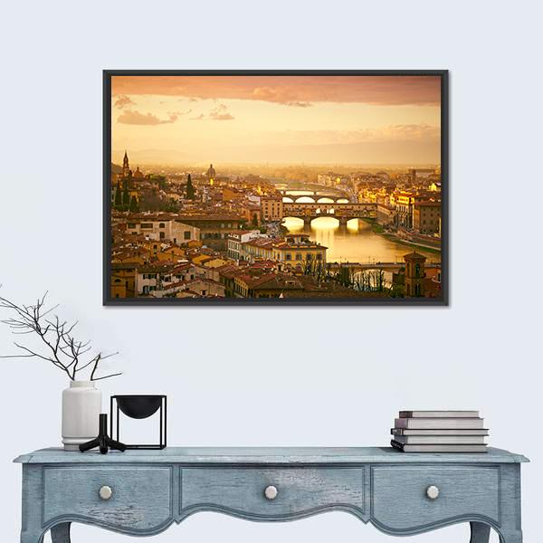 Sunset View Of Bridge Ponte Vecchio Canvas Wall Art-1 Piece-Floating Frame-24" x 16"-Tiaracle