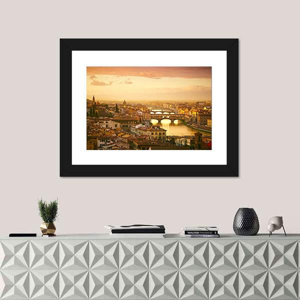 Sunset View Of Bridge Ponte Vecchio Canvas Wall Art-1 Piece-Framed Print-20" x 16"-Tiaracle