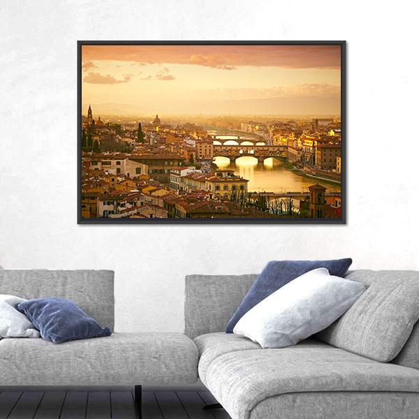 Sunset View Of Bridge Ponte Vecchio Canvas Wall Art-3 Horizontal-Gallery Wrap-25" x 16"-Tiaracle