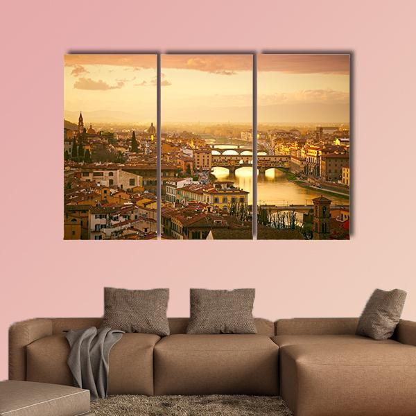 Sunset View Of Bridge Ponte Vecchio Canvas Wall Art-3 Horizontal-Gallery Wrap-37" x 24"-Tiaracle