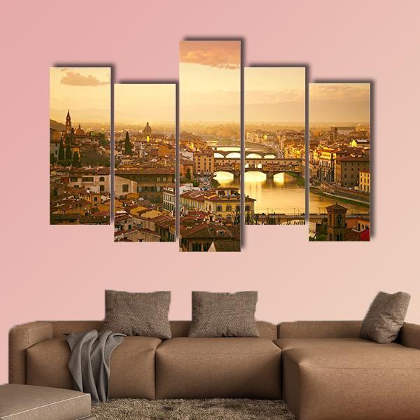 Sunset View Of Bridge Ponte Vecchio Canvas Wall Art-5 Pop-Gallery Wrap-47" x 32"-Tiaracle