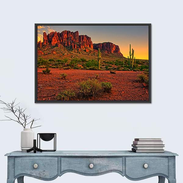 Sunset Over Desert Mountains Canvas Wall Art in brown, red and orange, framed canvas, product view on a white background