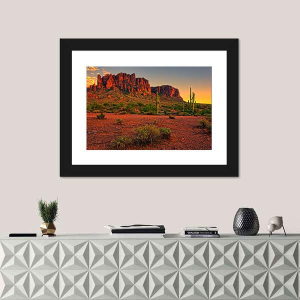 Sunset View Of Desert And Mountains Canvas Wall Art-1 Piece-Framed Print-20" x 16"-Tiaracle