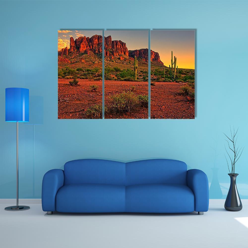 Sunset View Of Desert And Mountains Canvas Wall Art-3 Horizontal-Gallery Wrap-37" x 24"-Tiaracle