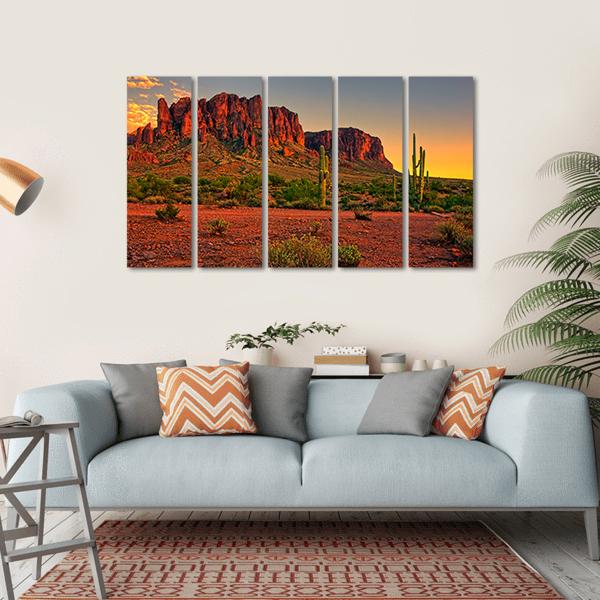 Sunset View Of Desert And Mountains Canvas Wall Art-5 Horizontal-Gallery Wrap-22" x 12"-Tiaracle