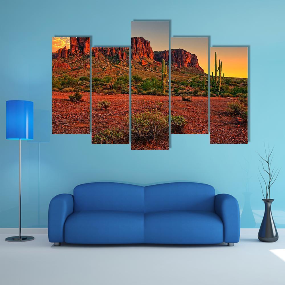 Sunset View Of Desert And Mountains Canvas Wall Art-5 Pop-Gallery Wrap-47" x 32"-Tiaracle