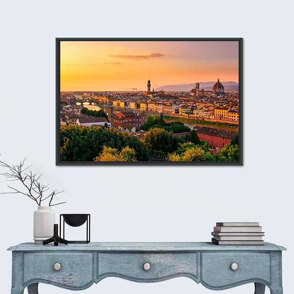 Florence Sunset Over Duomo and Arno Canvas Wall Art in brown, orange and yellow, framed canvas, product view on a white background