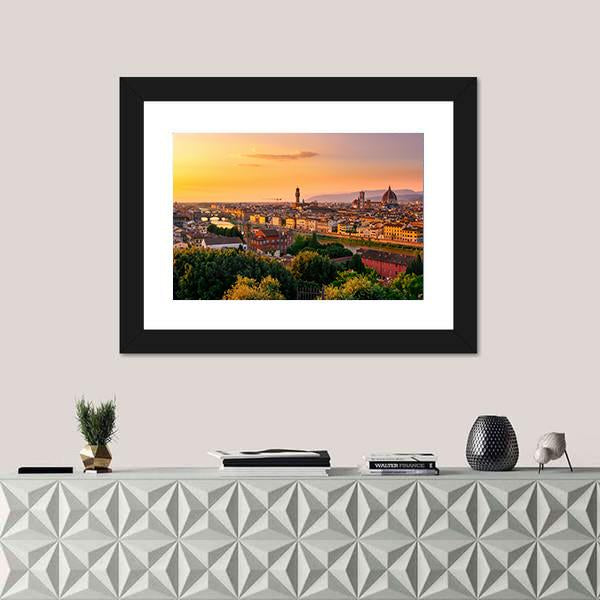 Florence Sunset Over Duomo and Arno Canvas Wall Art in brown, orange and yellow, framed print, product view on a white background