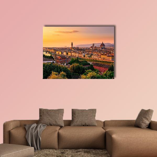 Florence Sunset Over Duomo and Arno Canvas Wall Art in brown, orange and yellow, single panel hung on a wall