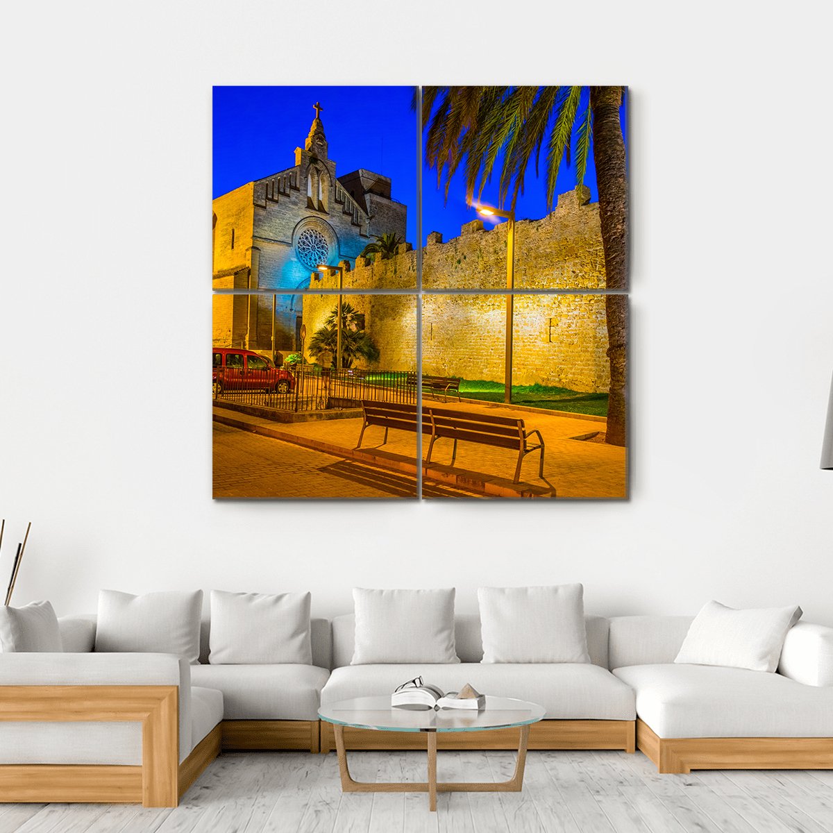 Sunset View Of Fortification Of Alcudia Town At Mallorca Canvas Wall Art-4 Square-Gallery Wrap-17" x 17"-Tiaracle