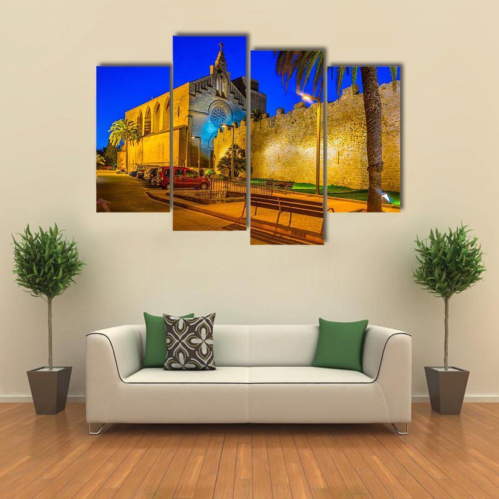 Sunset View Of Fortification Of Alcudia Town At Mallorca Canvas Wall Art-4 Pop-Gallery Wrap-50" x 32"-Tiaracle