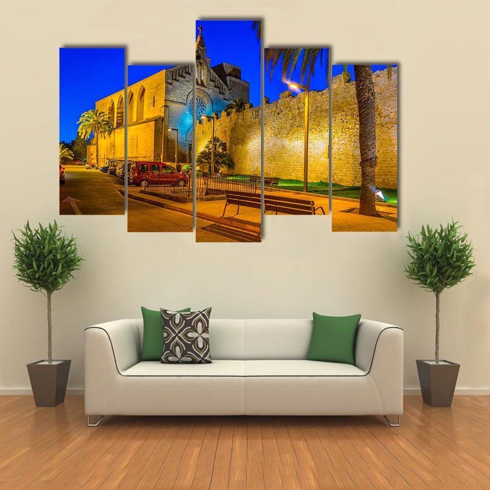 Sunset View Of Fortification Of Alcudia Town At Mallorca Canvas Wall Art-3 Horizontal-Gallery Wrap-37" x 24"-Tiaracle