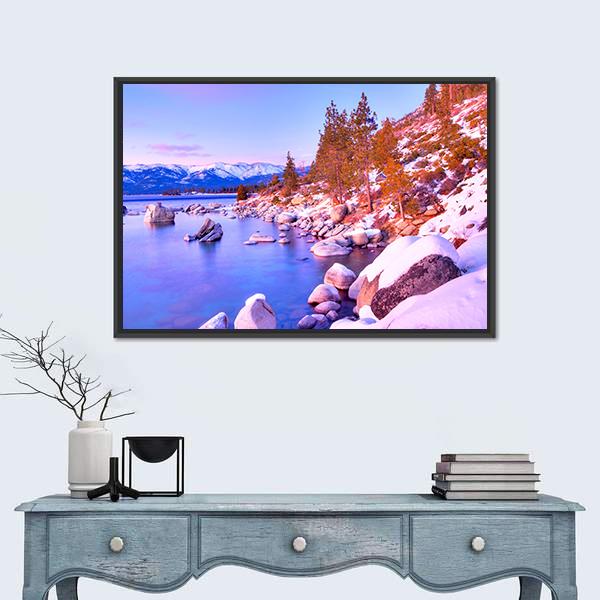 Sunset View Of Lake Tahoe Canvas Wall Art-1 Piece-Floating Frame-24" x 16"-Tiaracle
