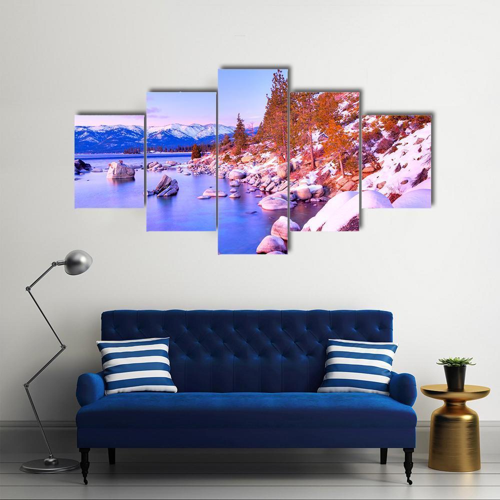 Sunset View Of Lake Tahoe Canvas Wall Art-5 Star-Gallery Wrap-62" x 32"-Tiaracle