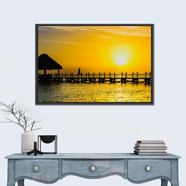 Sunset View Of Pier Of The Caribbean Beach Canvas Wall Art-1 Piece-Floating Frame-24" x 16"-Tiaracle