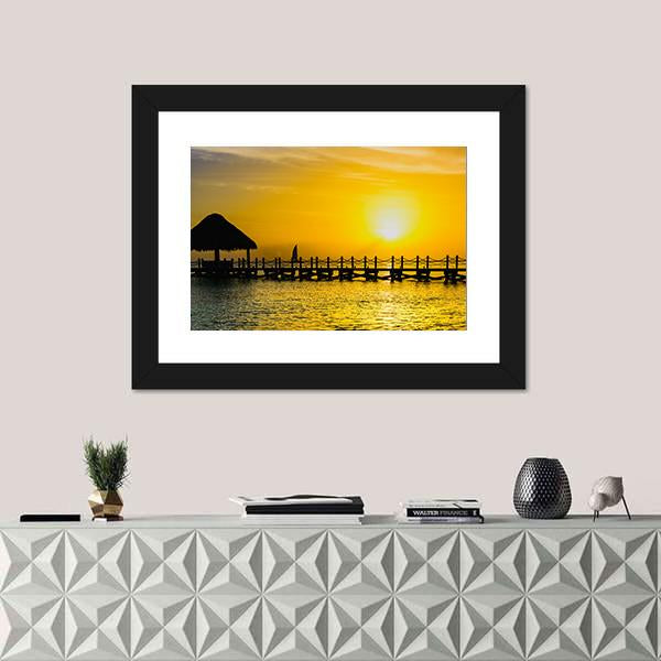Sunset View Of Pier Of The Caribbean Beach Canvas Wall Art-1 Piece-Framed Print-20" x 16"-Tiaracle