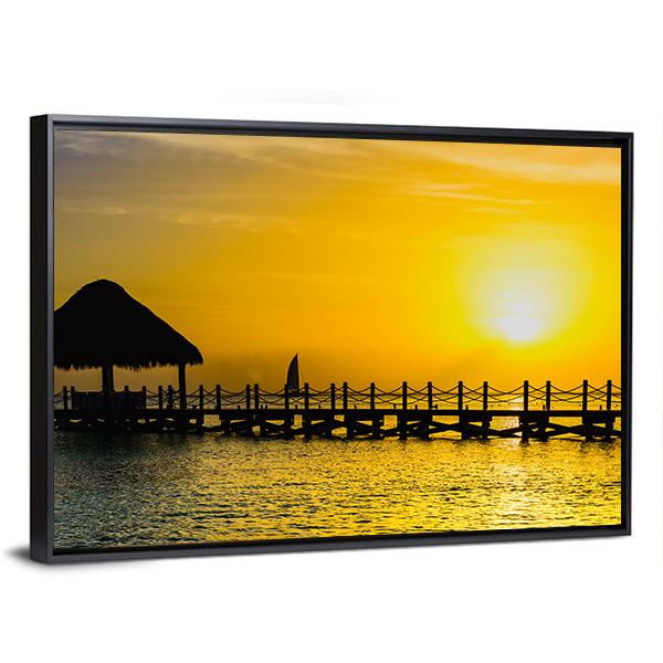 Sunset View Of Pier Of The Caribbean Beach Canvas Wall Art-3 Horizontal-Gallery Wrap-25" x 16"-Tiaracle