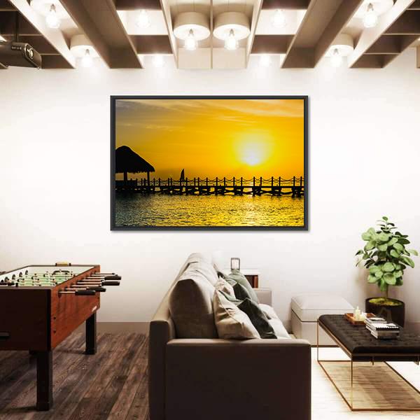 Sunset View Of Pier Of The Caribbean Beach Canvas Wall Art-3 Horizontal-Gallery Wrap-25" x 16"-Tiaracle