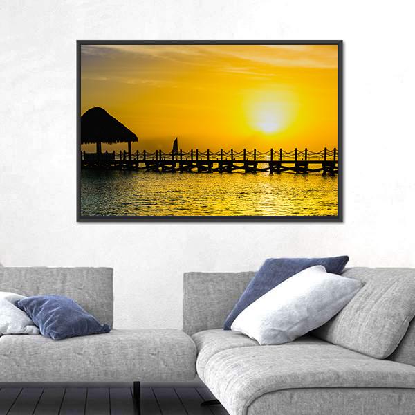 Sunset View Of Pier Of The Caribbean Beach Canvas Wall Art-3 Horizontal-Gallery Wrap-25" x 16"-Tiaracle