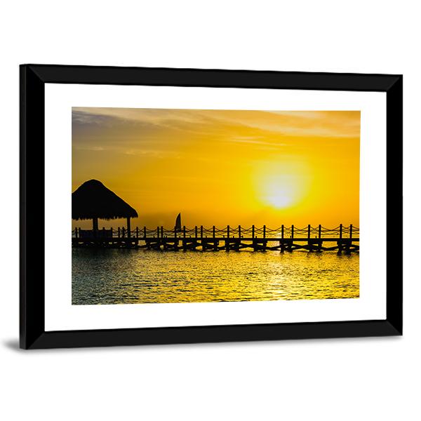 Sunset View Of Pier Of The Caribbean Beach Canvas Wall Art-3 Horizontal-Gallery Wrap-25" x 16"-Tiaracle