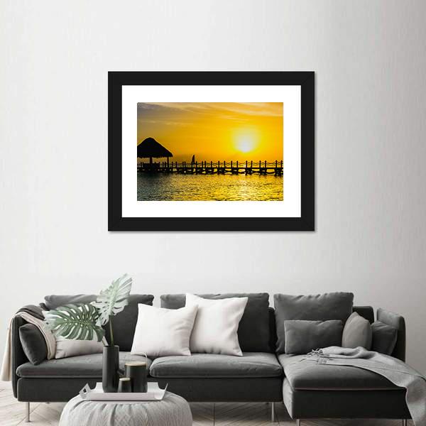 Sunset View Of Pier Of The Caribbean Beach Canvas Wall Art-3 Horizontal-Gallery Wrap-25" x 16"-Tiaracle