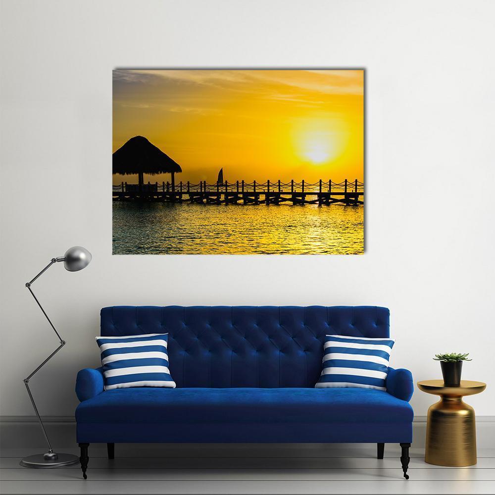 Sunset View Of Pier Of The Caribbean Beach Canvas Wall Art-1 Piece-Gallery Wrap-48" x 32"-Tiaracle