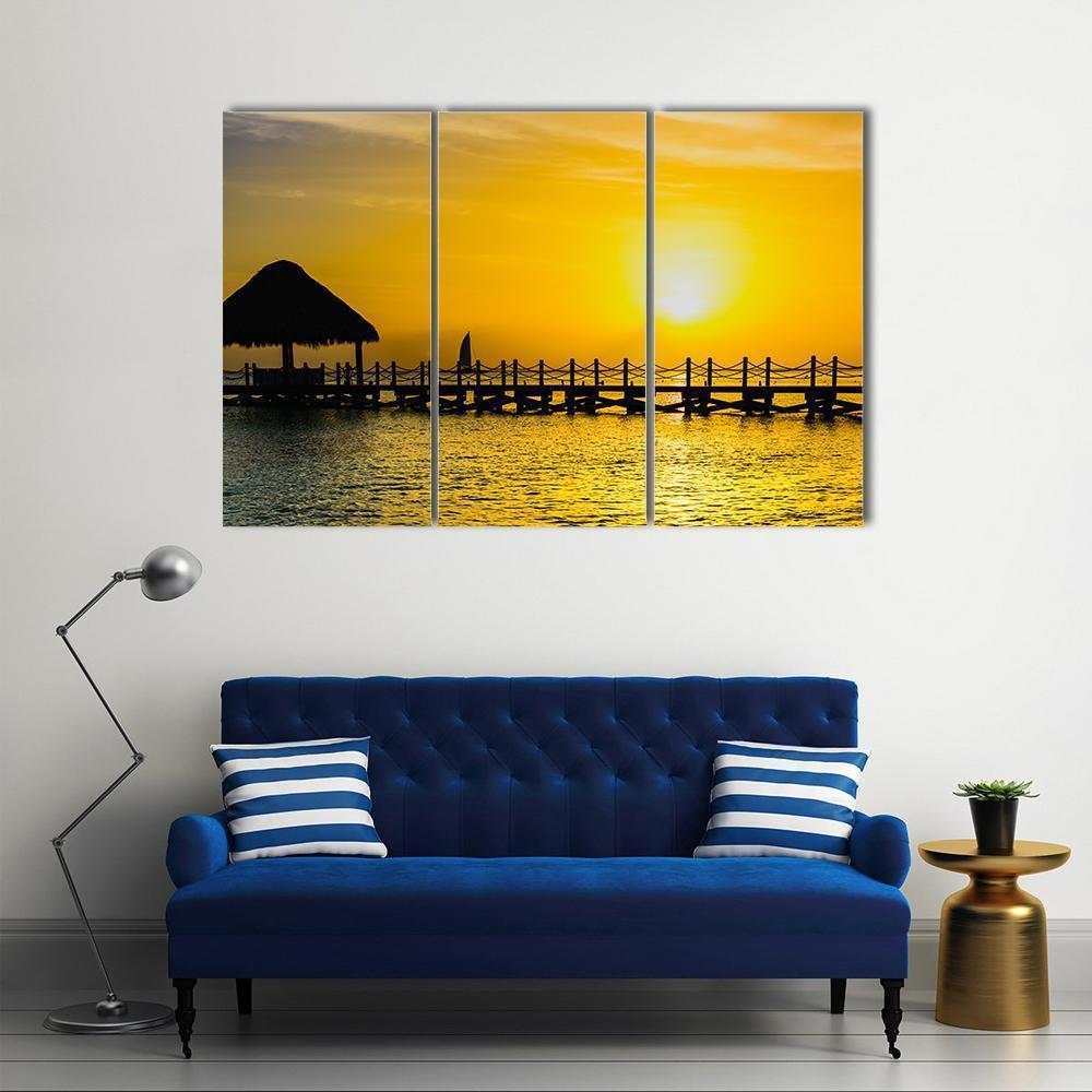 Sunset View Of Pier Of The Caribbean Beach Canvas Wall Art-3 Horizontal-Gallery Wrap-37" x 24"-Tiaracle