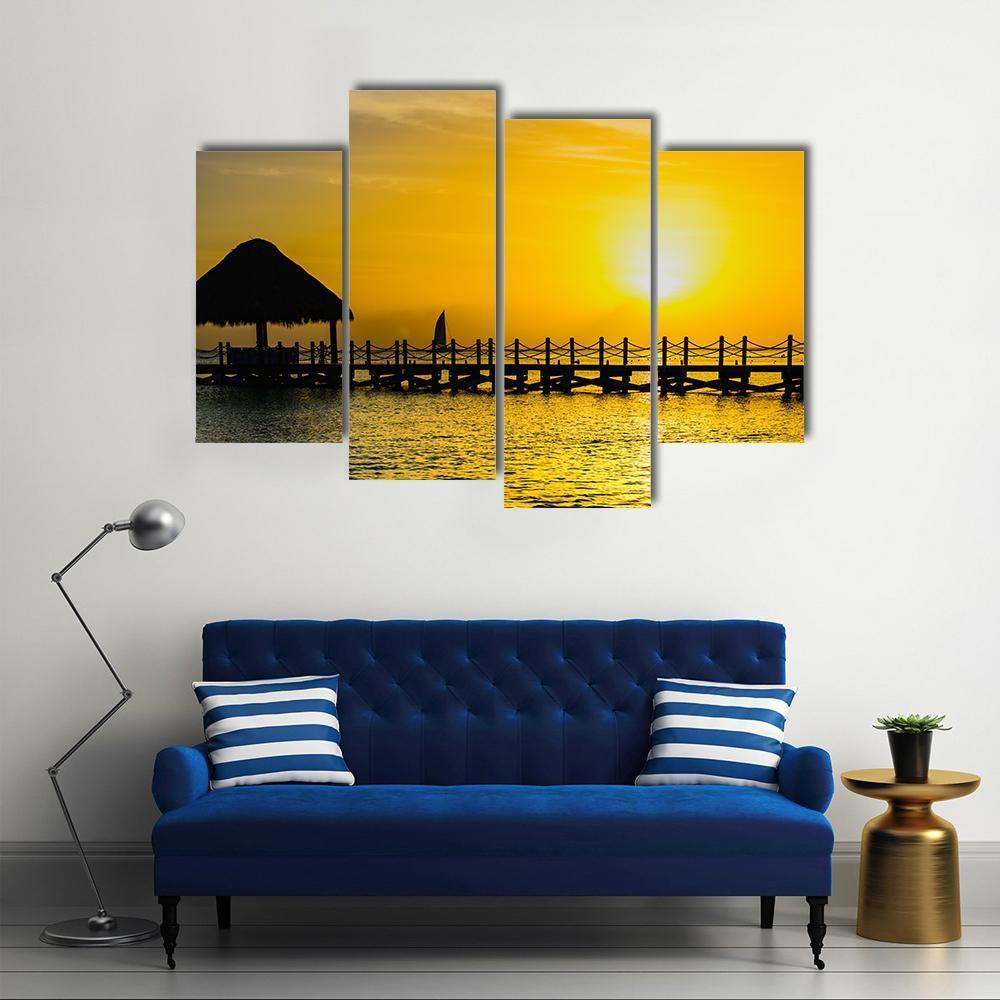 Sunset View Of Pier Of The Caribbean Beach Canvas Wall Art-4 Pop-Gallery Wrap-50" x 32"-Tiaracle