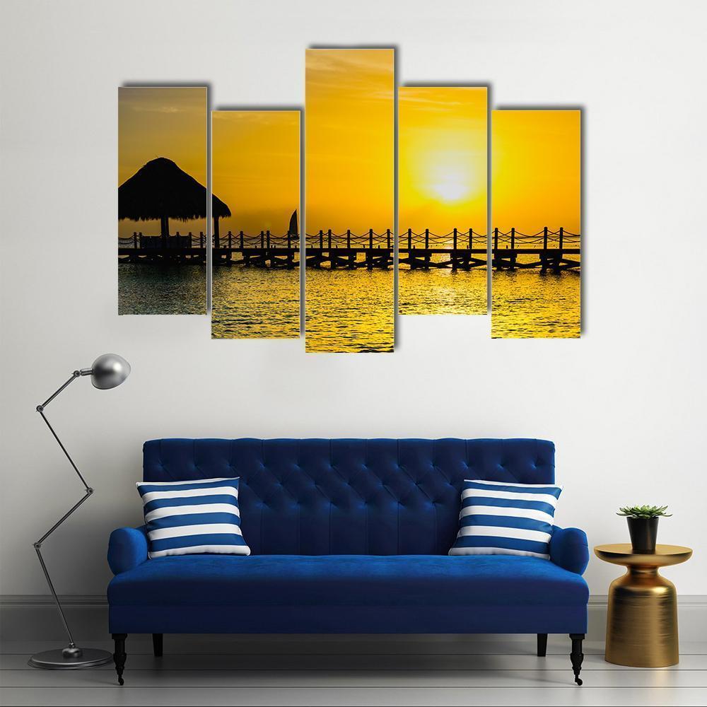 Sunset View Of Pier Of The Caribbean Beach Canvas Wall Art-5 Pop-Gallery Wrap-47" x 32"-Tiaracle