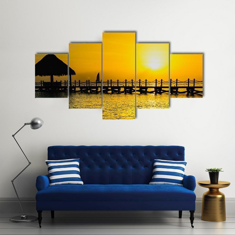 Sunset View Of Pier Of The Caribbean Beach Canvas Wall Art-5 Star-Gallery Wrap-62" x 32"-Tiaracle